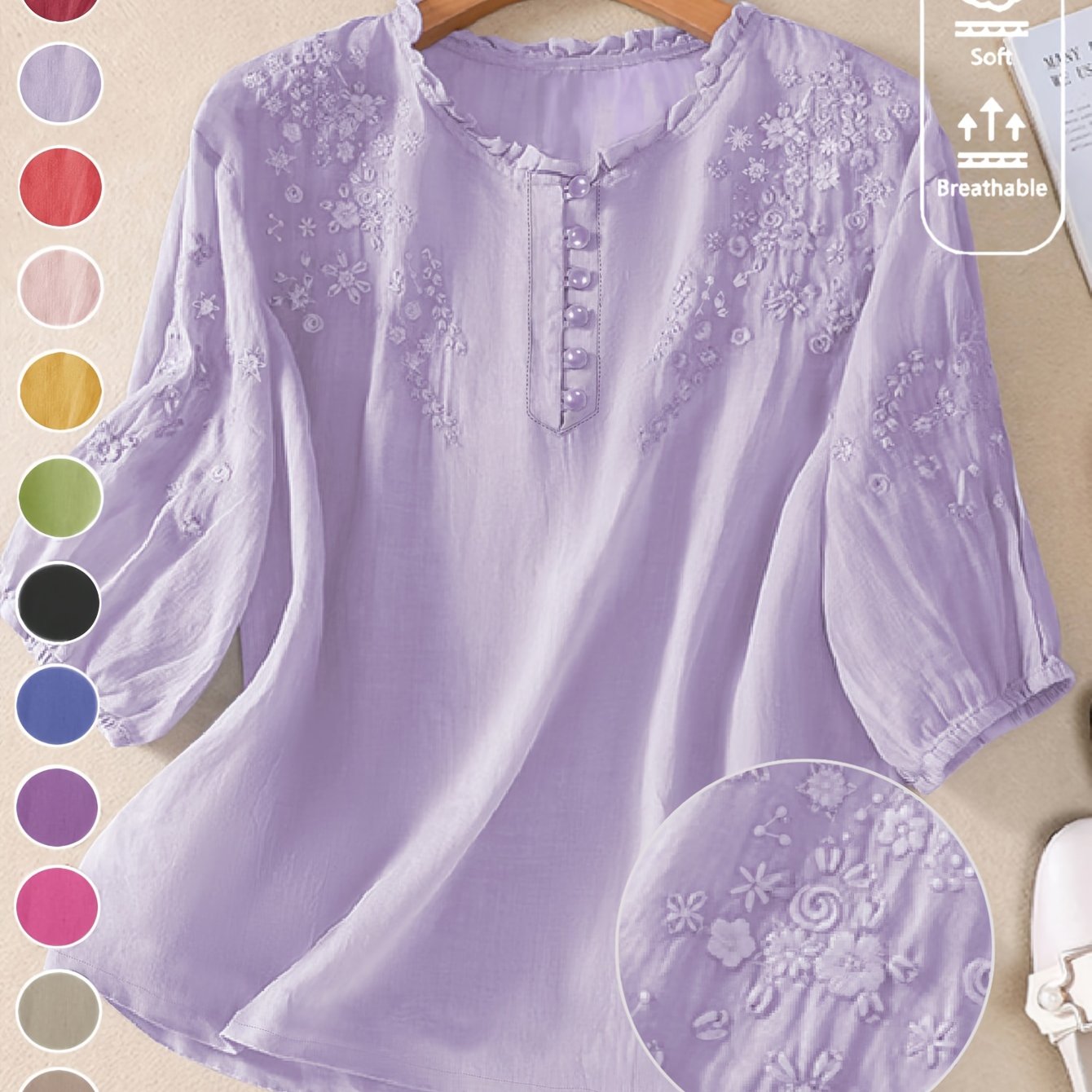 Women's Spring/Summer Embroidered Loose Fit Retro Mid-Sleeve Blouse