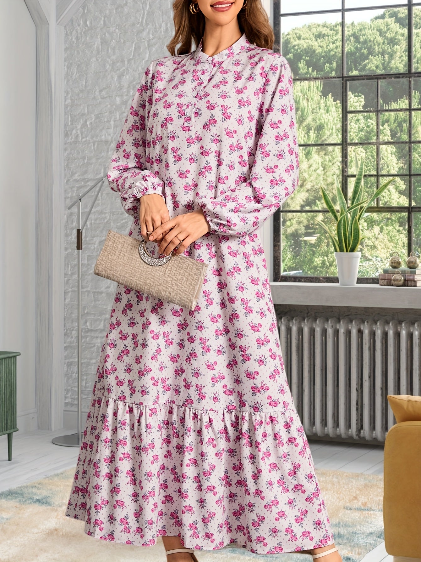 Women's Casual Long Sleeve Floral Print Maxi Dress