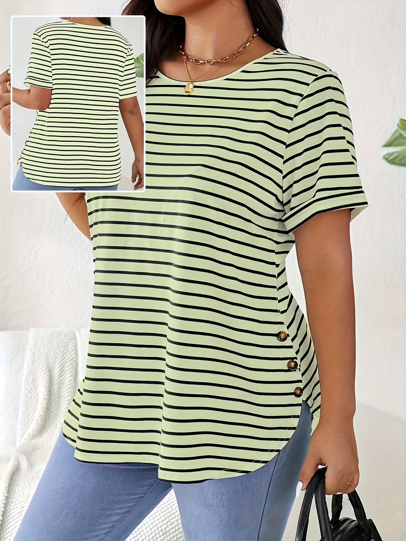 Plus Size Women's Elegant Striped Round Neck T-Shirt - Black & White Horizontal Stripes, Medium Stretch, Button Detail, Spring Summer Fall