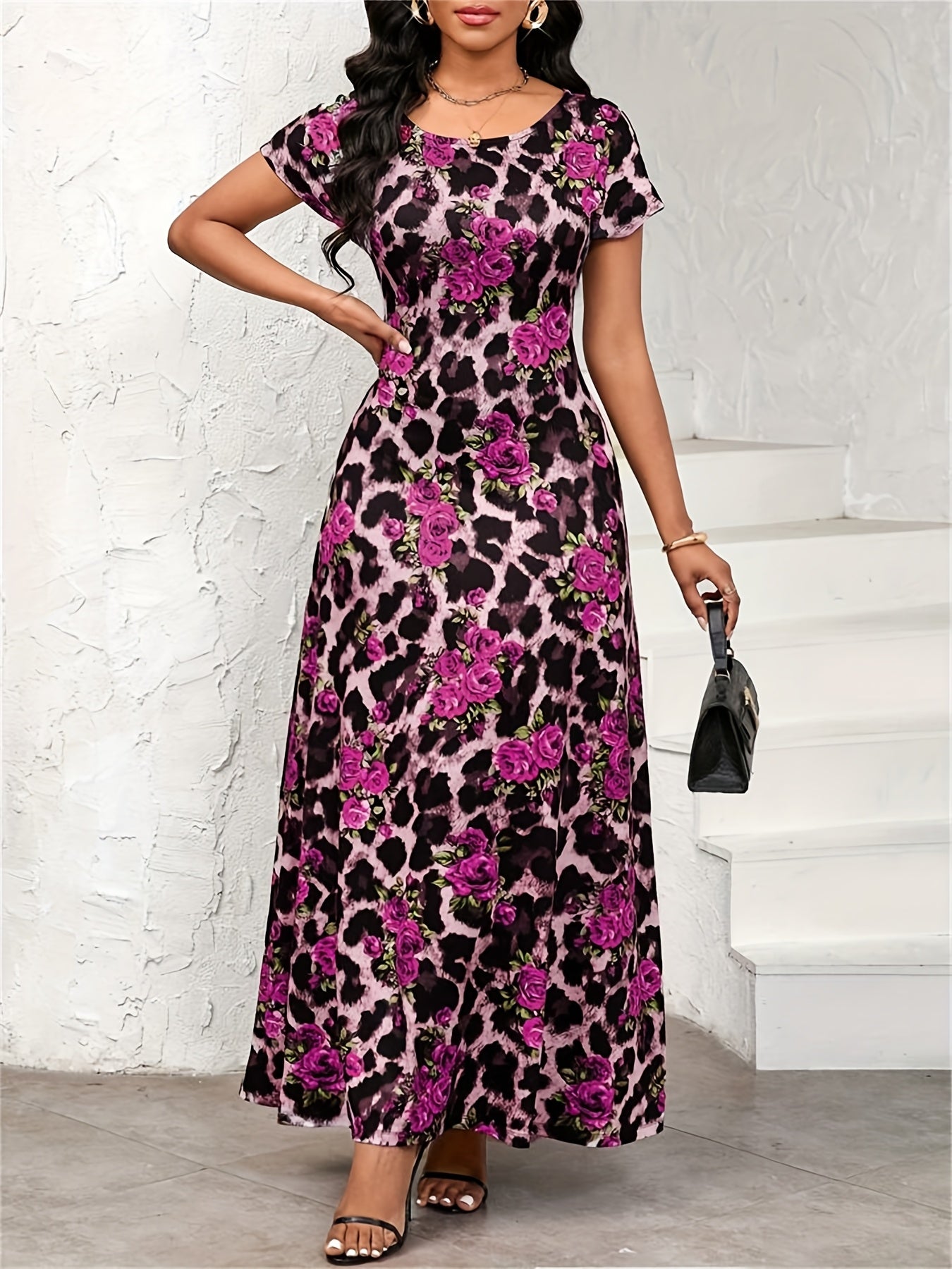 Women's Elegant Leopard Floral party dress - Flared A-Line skirt