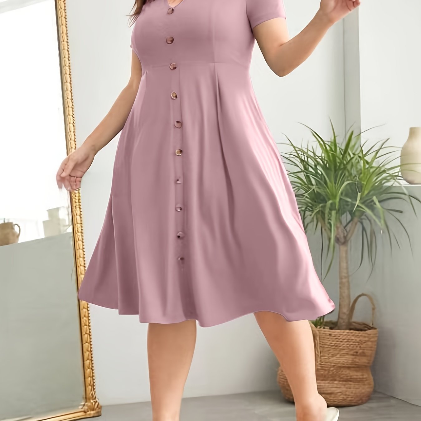 Elegant Plus Size V-Neck Dress with Button Details