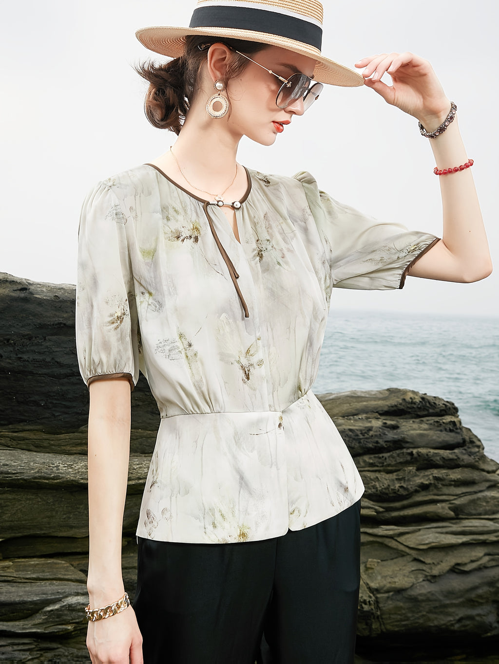 Women's Blouse - Soft Pastel Floral shirt with Twist Front, Breathable Office & Party