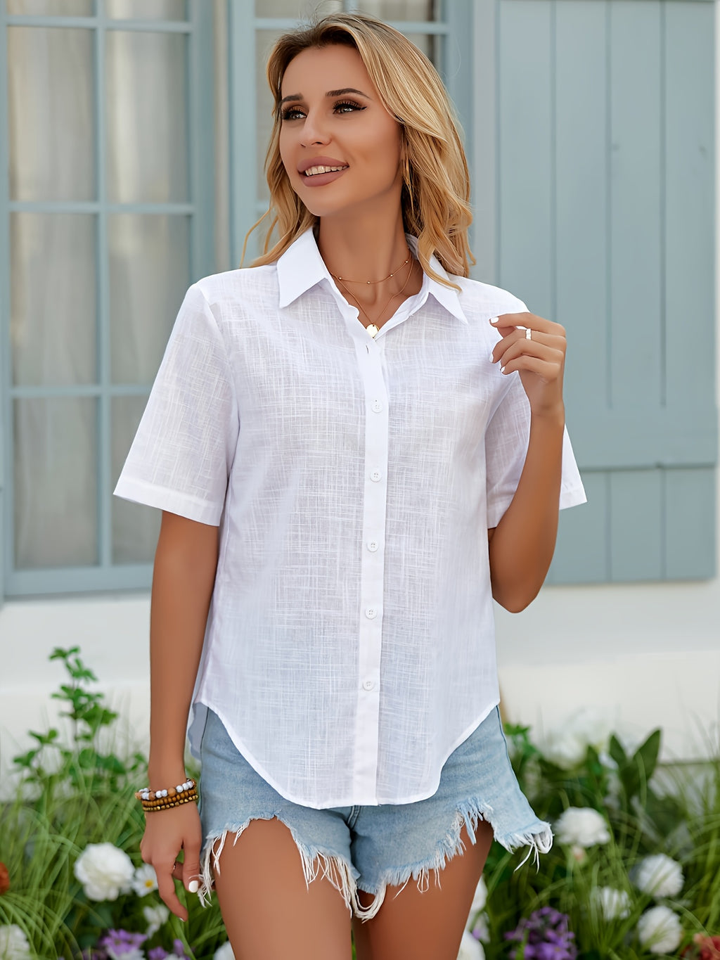 Women's Casual Short Sleeve Blouse with Heart Print & Button Collar