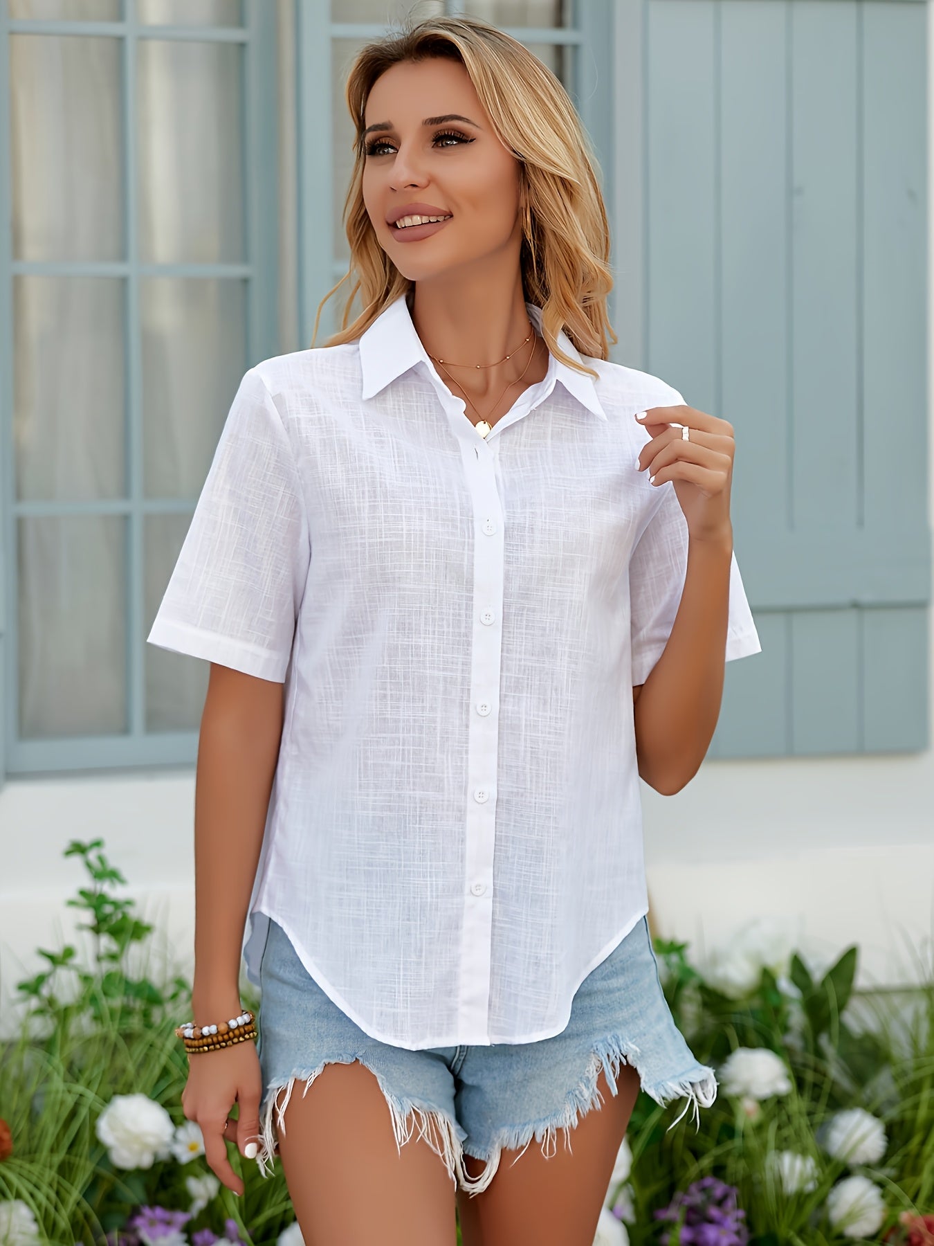Women's Casual Short Sleeve Blouse with Heart Print & Button Collar