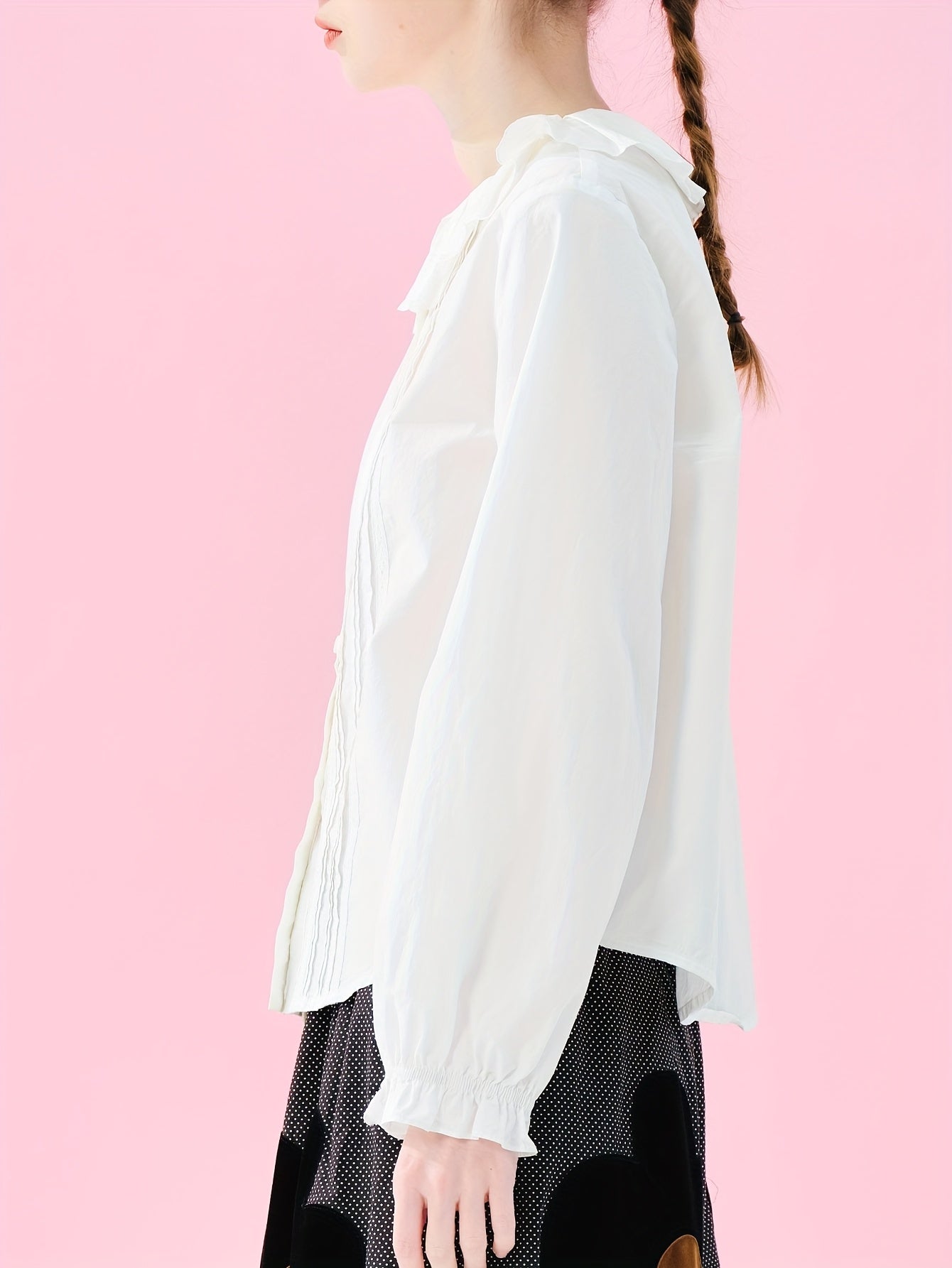 Women's Elegant Lace Trim Blouse - Long Sleeve Button-Front Shirt with Ruffled Collar