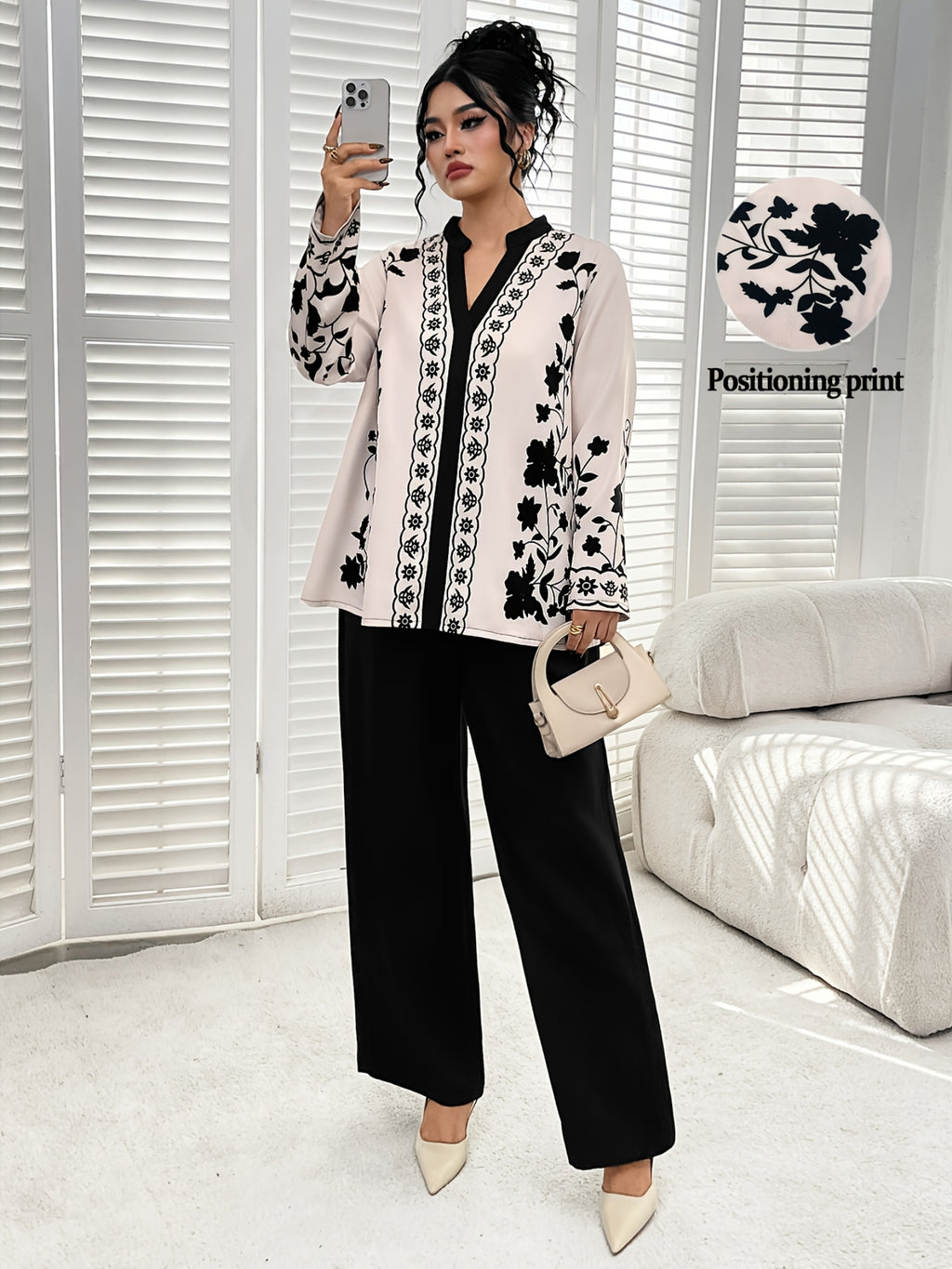 Plus Size - Elegant Floral Print Long Sleeve Blouse with Stand Collar