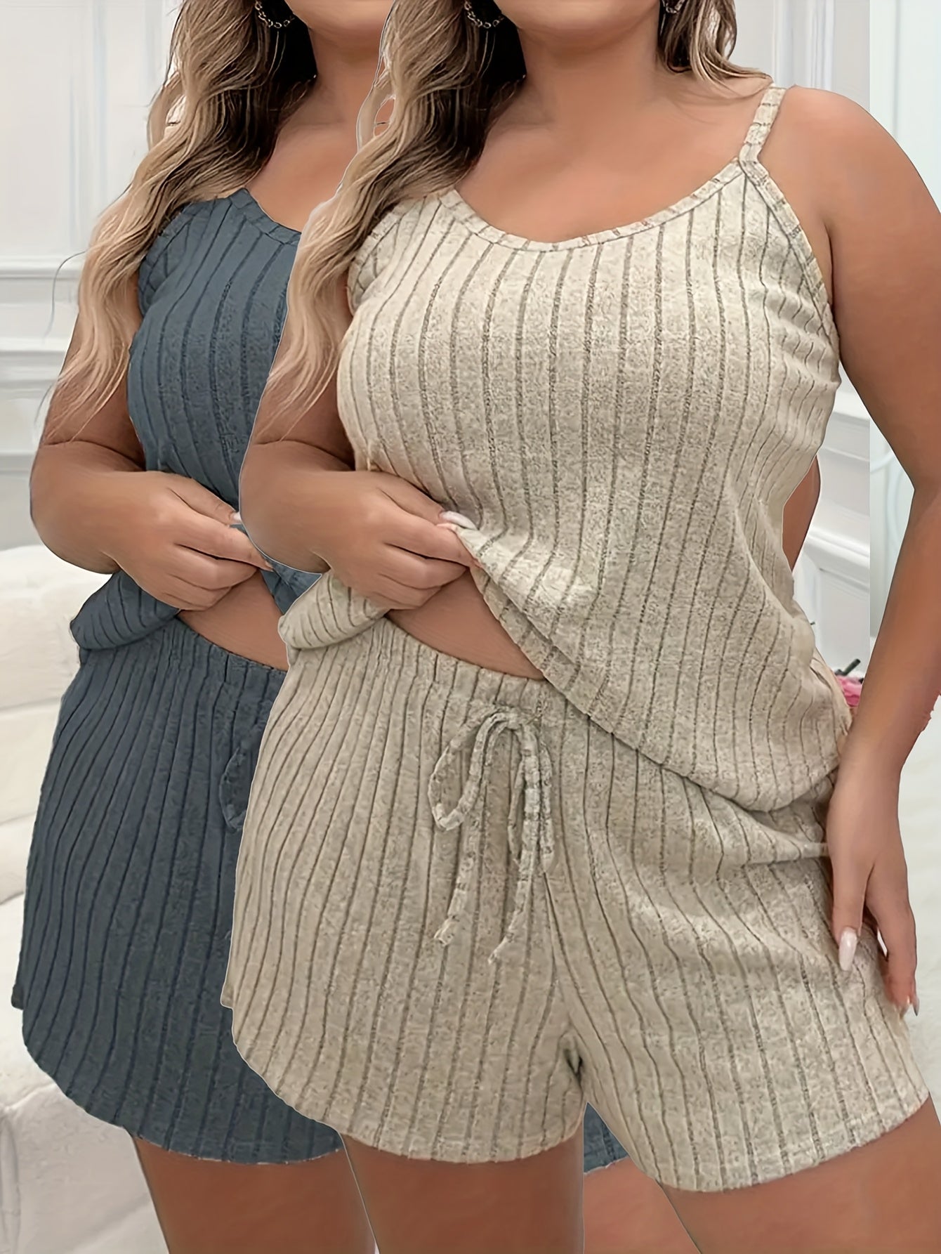 Plus Size Women's Fashion Ruched Camisole Pajama Set 2pcs Combo
