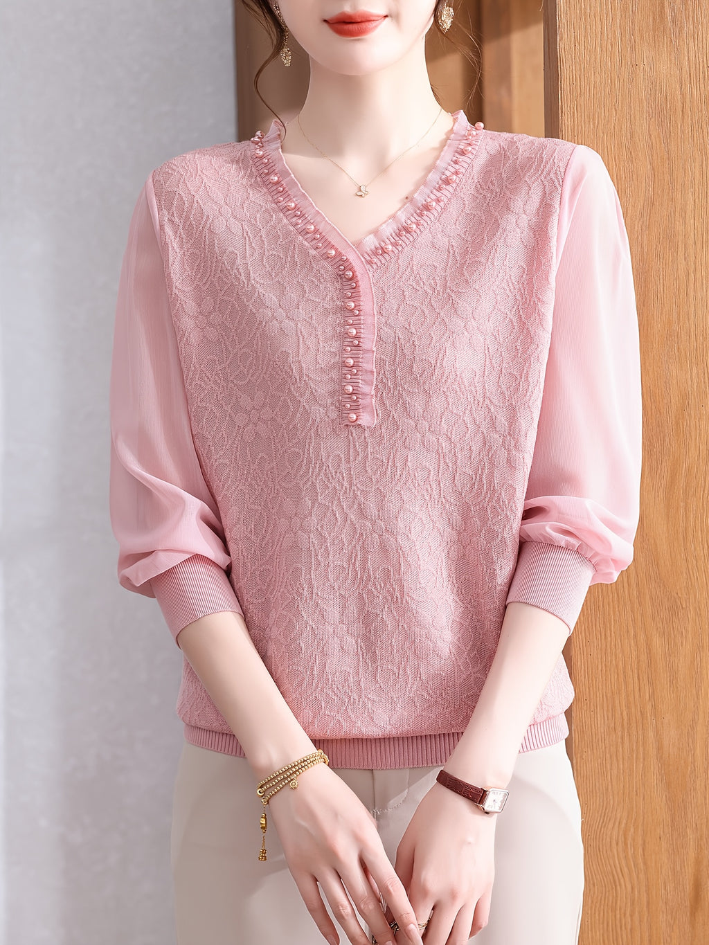 Women's Lightweight V-Neck Blouse with Beaded Detail