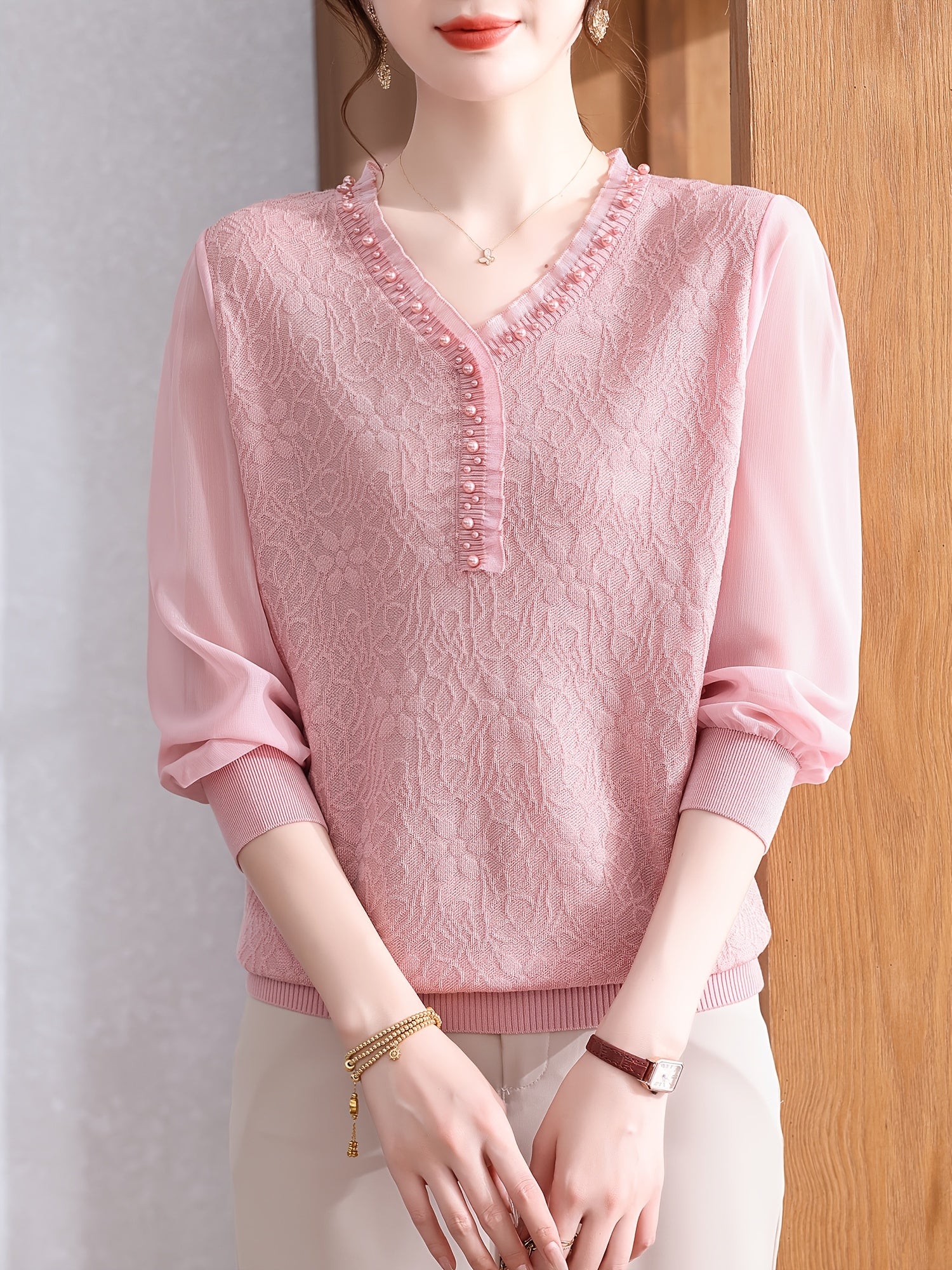 Women's Lightweight V-Neck Blouse with Beaded Detail
