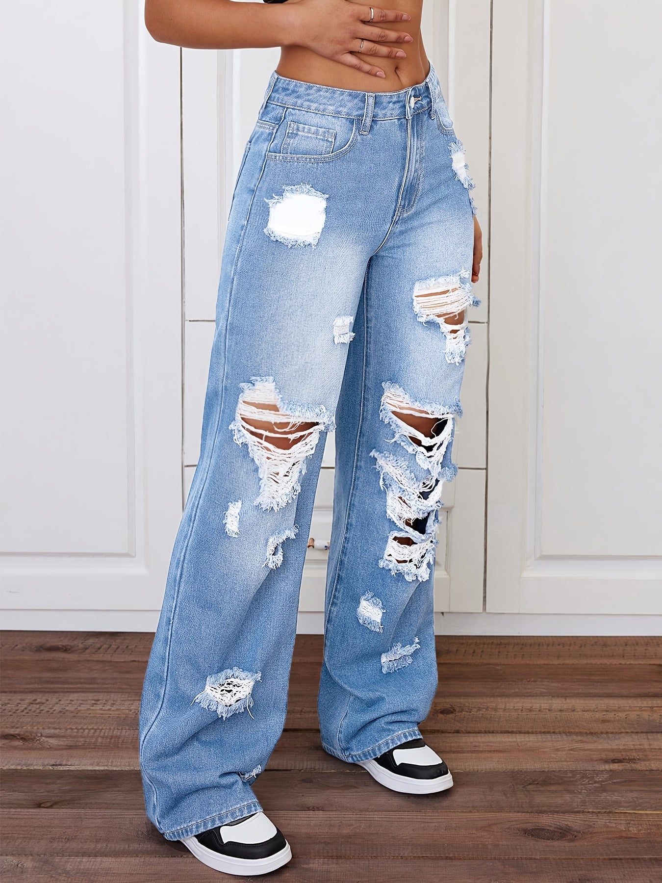 Light Blue Ripped Straight-Leg Long Pants