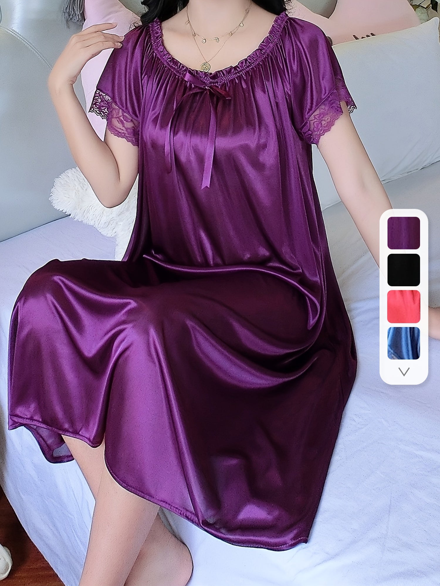 Elegant Off the Shoulder Short Sleeve Night Dress, Polyester Solid Color Slight Stretch Pullover for Adult Women, Spring/Summer Sleepwear
