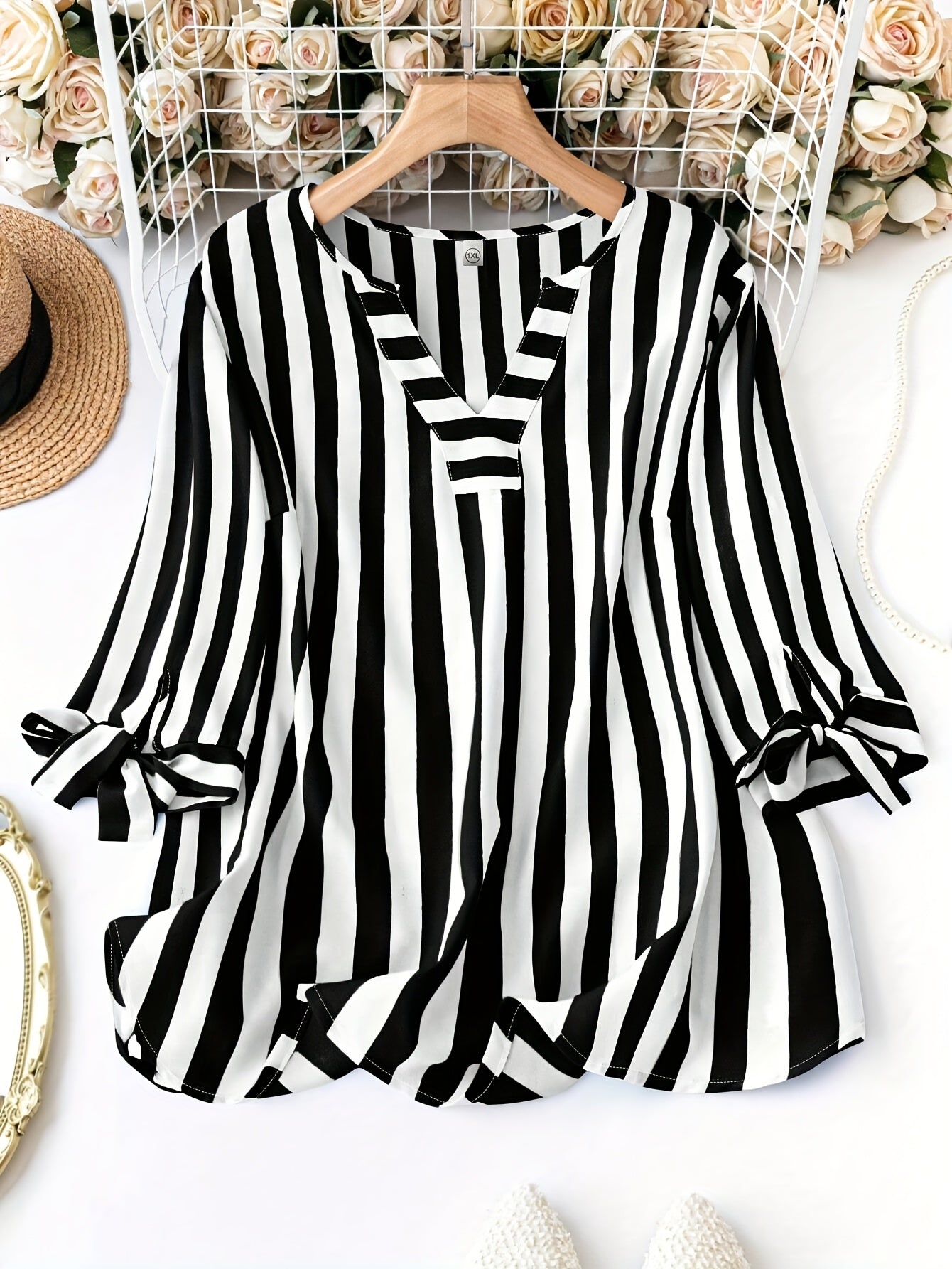 Elegant Notched Necktie Cuff Top for Women's Plus Size