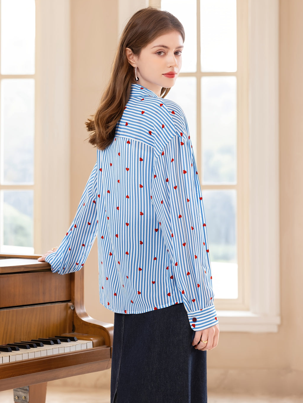 Color Block Striped Heart Shirt, New Autumn Women's Turn- Collar Long Casual Loose Blouse T51Z0133C