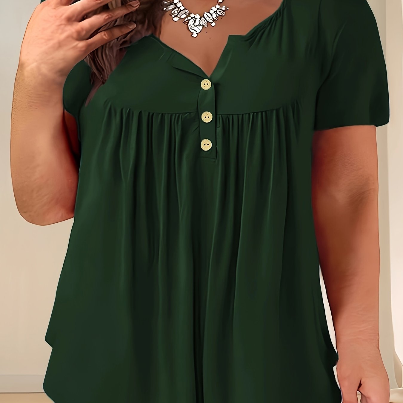 Women'S Plus Size Casual Buttoned Pleated T-Shirt, Summer Knit Fabric Top, Crew Neck, Solid Color, Slight Stretch, Oversized Pullovers,