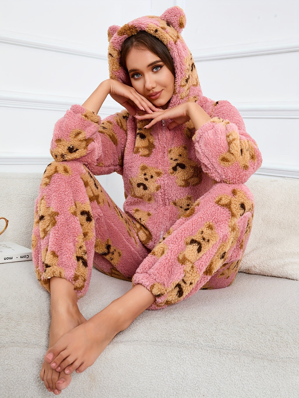 Bear Pattern Zip Up Hooded Fuzzy Jumpsuit, Elegant Long Sleeve Jumpsuit For Fall & Winter