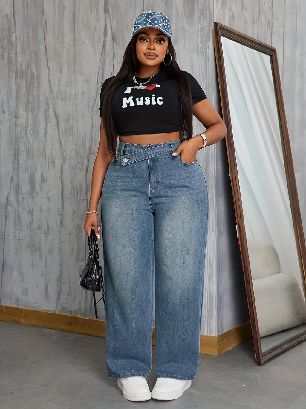 Plus Size & Oversized Jeans Pants - Wide-Leg H-Line Trousers with Beltless Waist