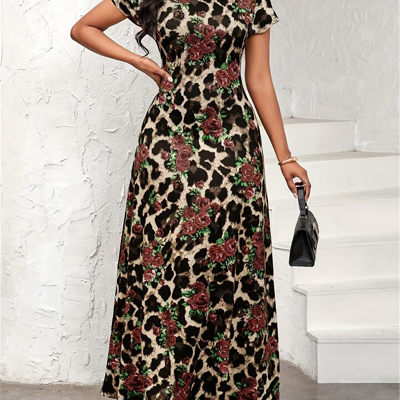 Women's Elegant Leopard Floral party dress - Flared A-Line skirt