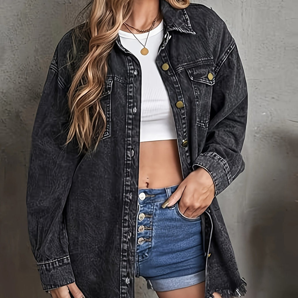 Women Oversize Washed Denim Jacket Long Sleeve Outwear Classic Loose Jean