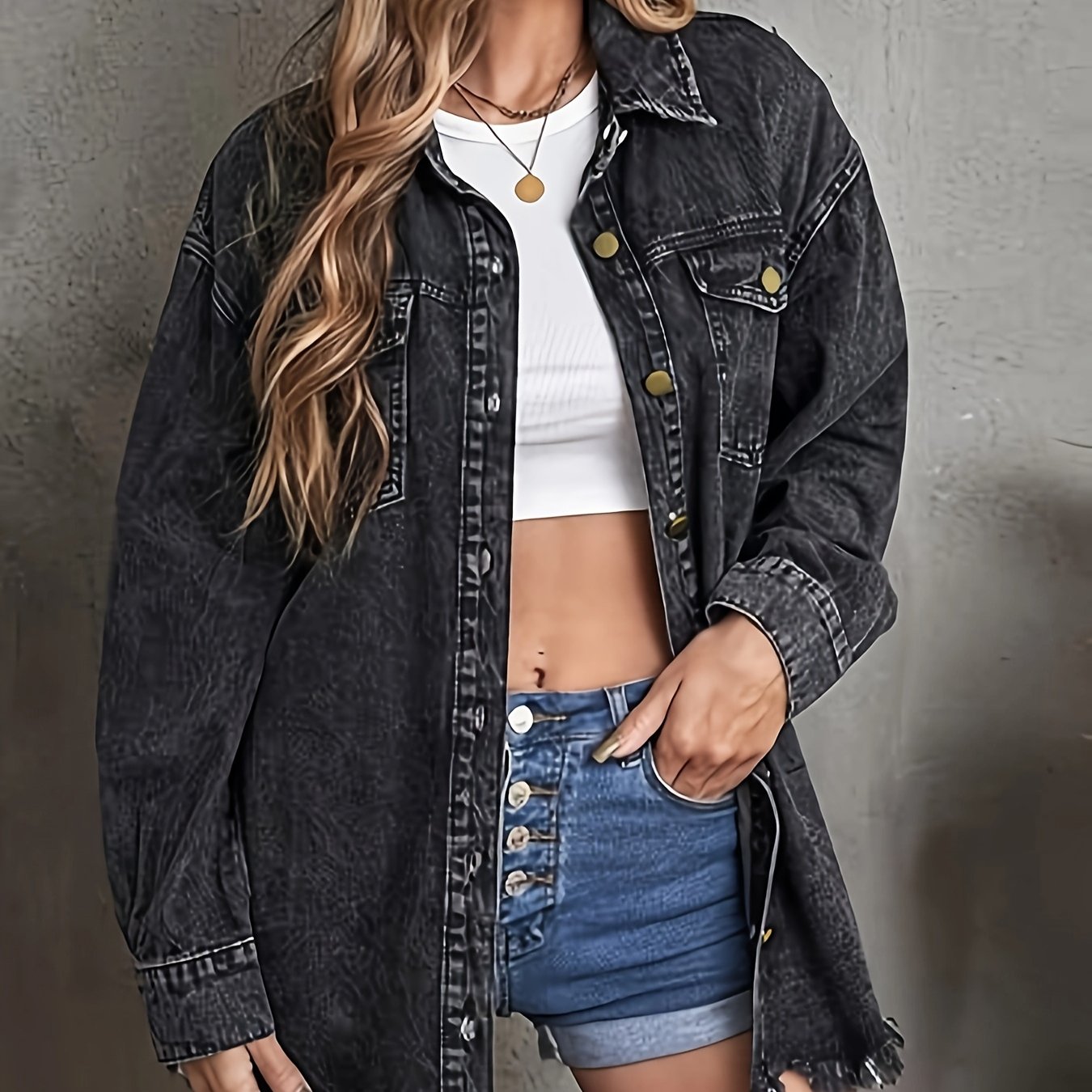 Women Oversize Washed Denim Jacket Long Sleeve Outwear Classic Loose Jean