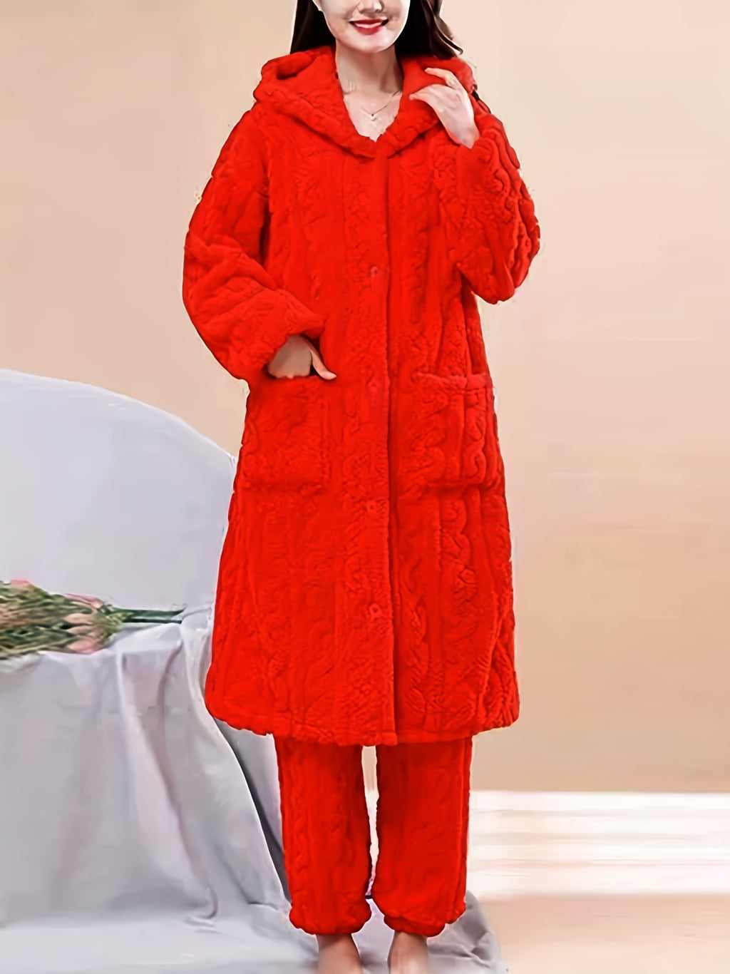 Thick Flannel Pajama Set for Women & Men - Winter Hooded Thermal Sleepwear with Front Button Placket