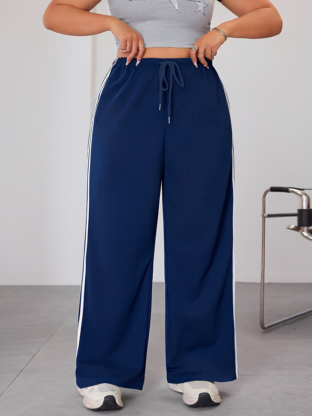 Plus Size Wide Leg Pants with Side Stripes