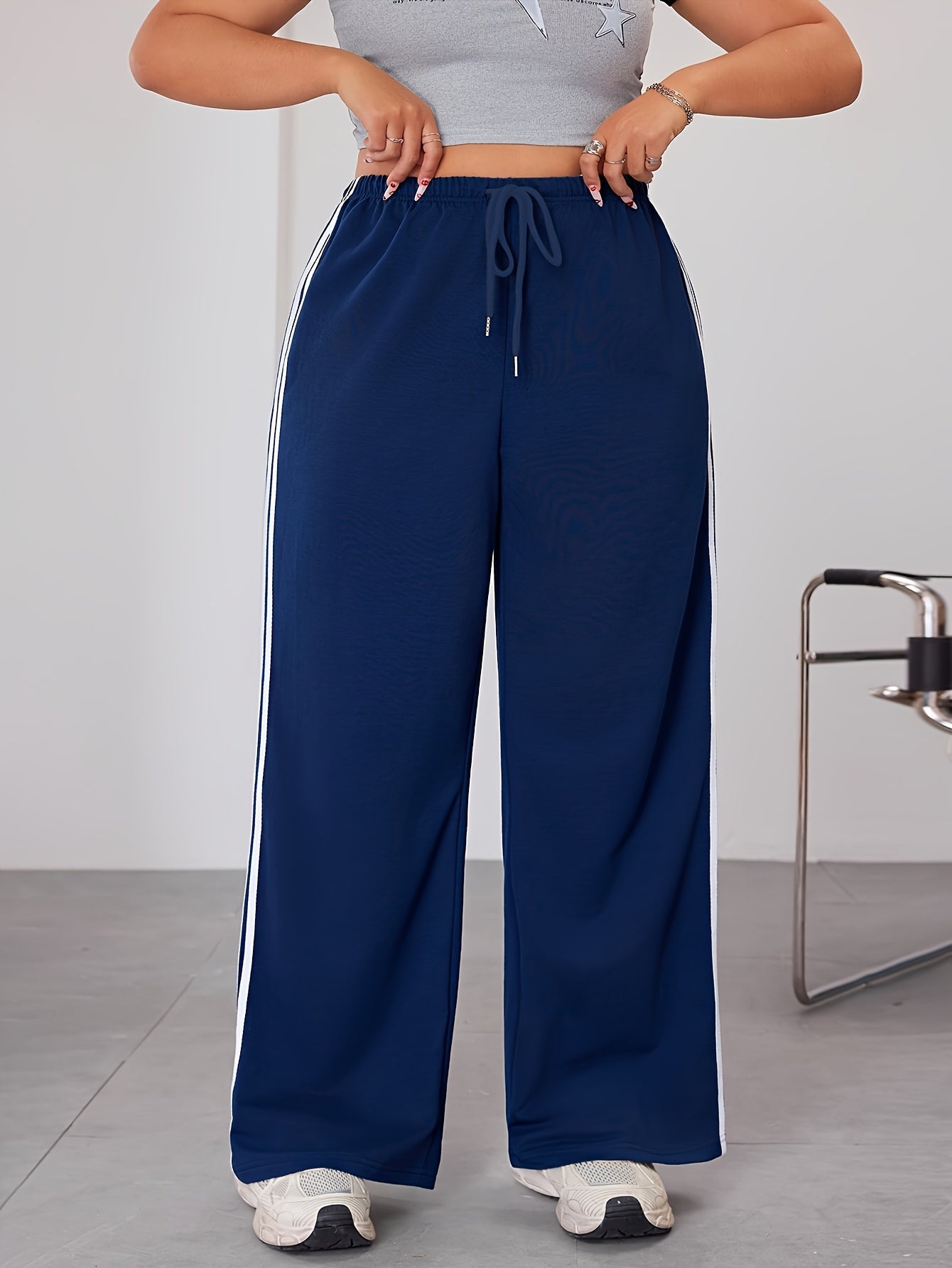 Plus Size Wide Leg Pants with Side Stripes