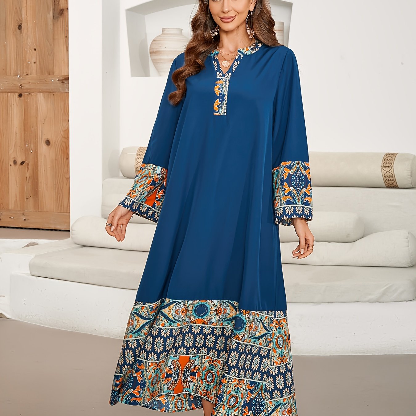 Elegant Notched Neck, Long Sleeve, Loose Fit