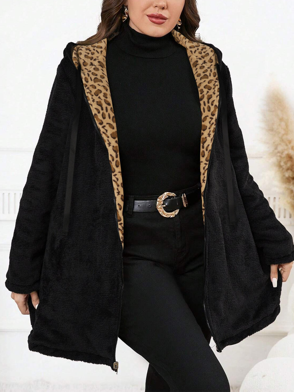 Plus Size Oversized Reversible Leopard Print Fleece Hoodie for Women