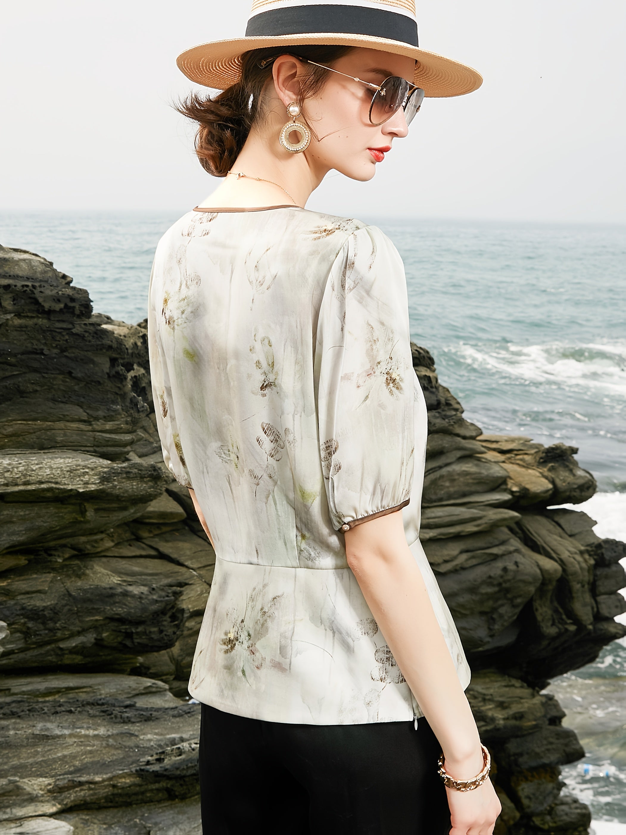 Women's Blouse - Soft Pastel Floral shirt with Twist Front, Breathable Office & Party