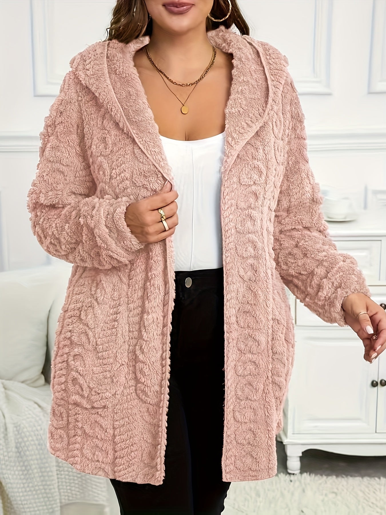 Plus Size, Autumn and Winter Warm Fashion Casual Plush Hooded Cardigan Jacket