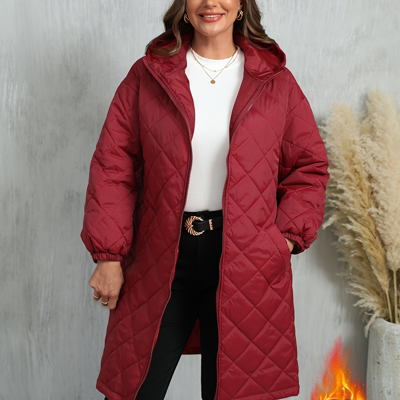 Plus Size, Women's Oversized Elegant Hooded Full-Zip Windproof Winter Coat - Heavy-Duty Warm