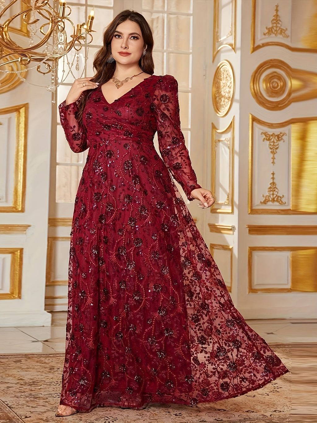 Plus Size, Elegant V-Neck Sequin Embellished Mermaid Evening Gown with Long Lampshade Sleeves