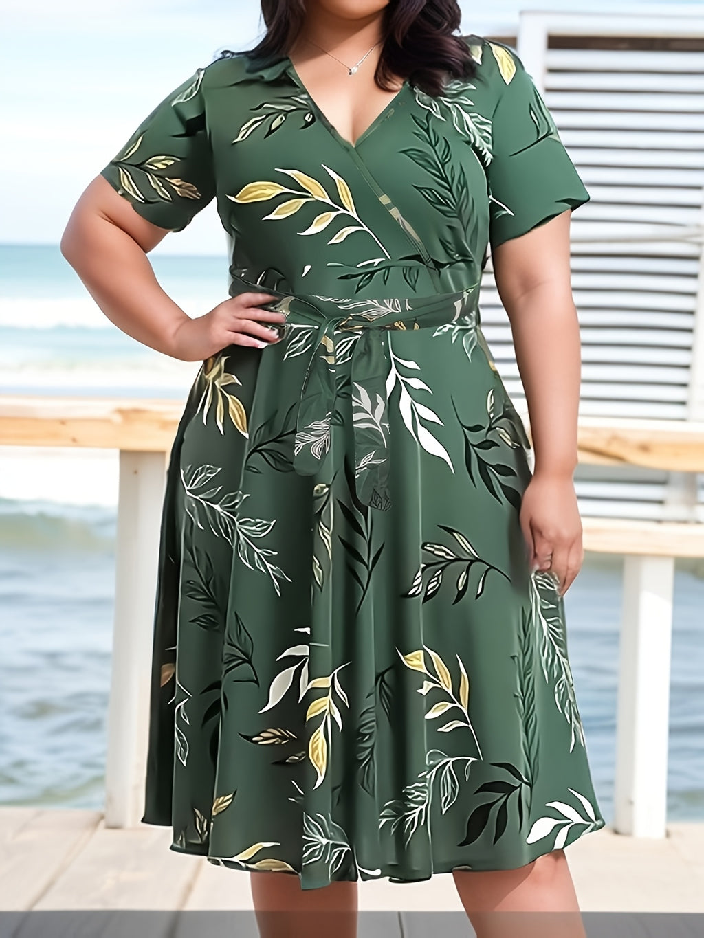 Plus Size Elegant Leaf Print Midi Dress, Short Sleeve