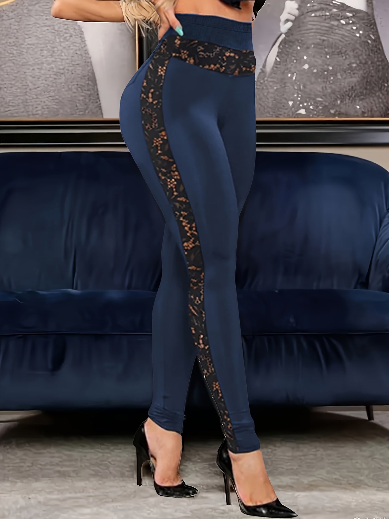 Women's High-Waist Pants with Lace Trim - Stretchy Legging
