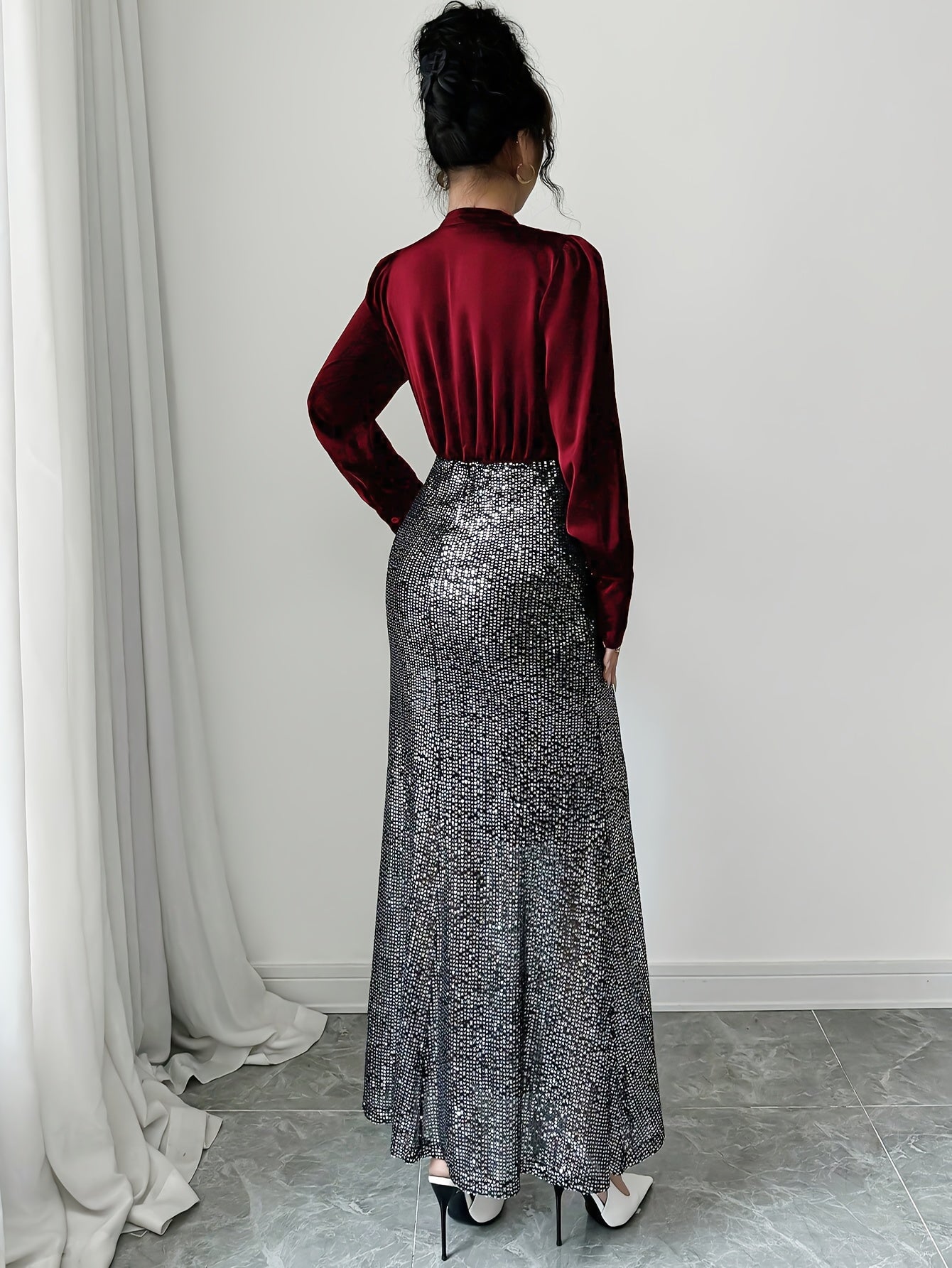 French Elegant V-Neck Sequin 3D Rose Dress - Sparkling Long Sleeve A-Line Evening Gown