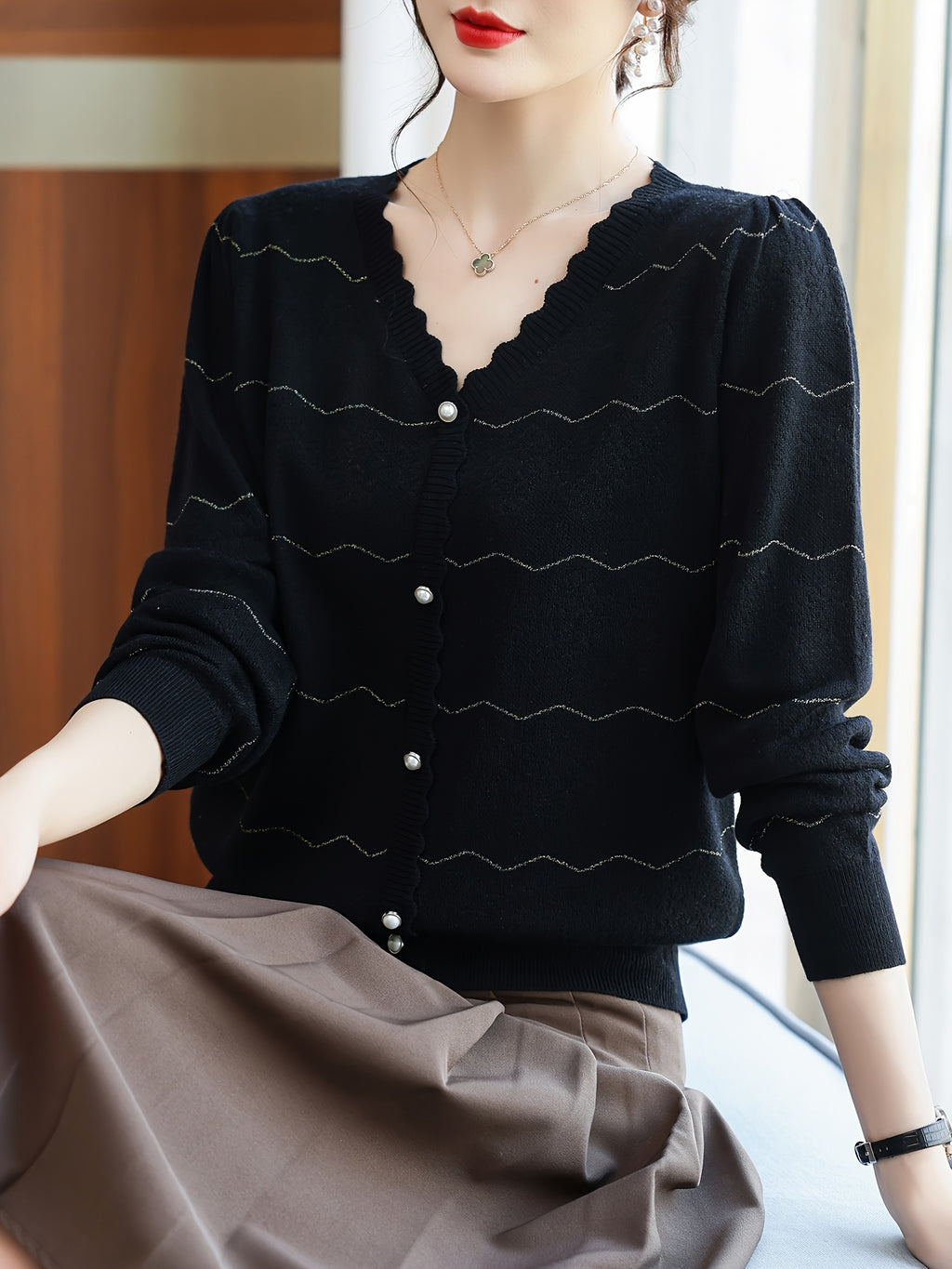 Women'S Elegant V-Neck Blouse - Lightweight Breathable Long Sleeve Shirt with Button Front