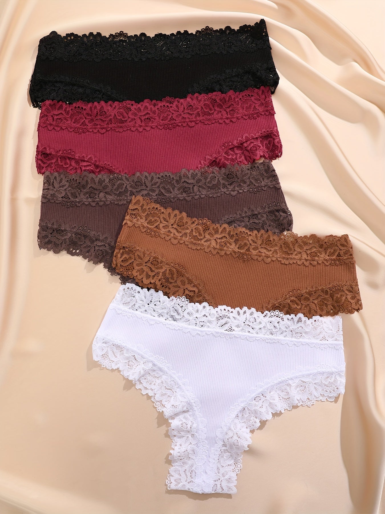 5pcs Solid Lace Trim Briefs, Comfy & Breathable Intimate Panties, Women's Lingerie & Underwear