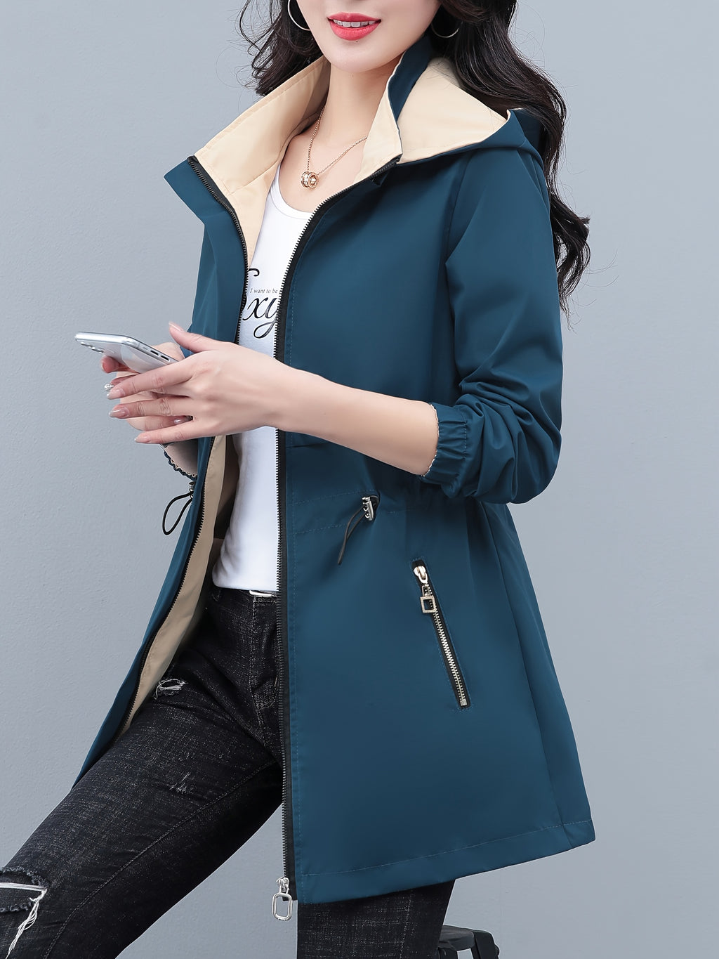 Women's Reversible Long Sleeve Windbreaker Jacket, Fit, Detachable Hood & Zipper Closure