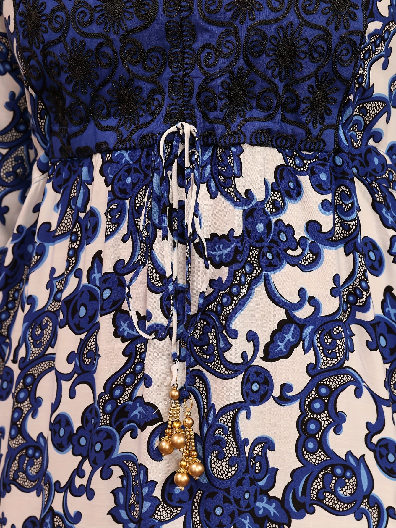 Elegant Floral Print Midi Dress with Beaded Tie-Waist and Ruffle Hem