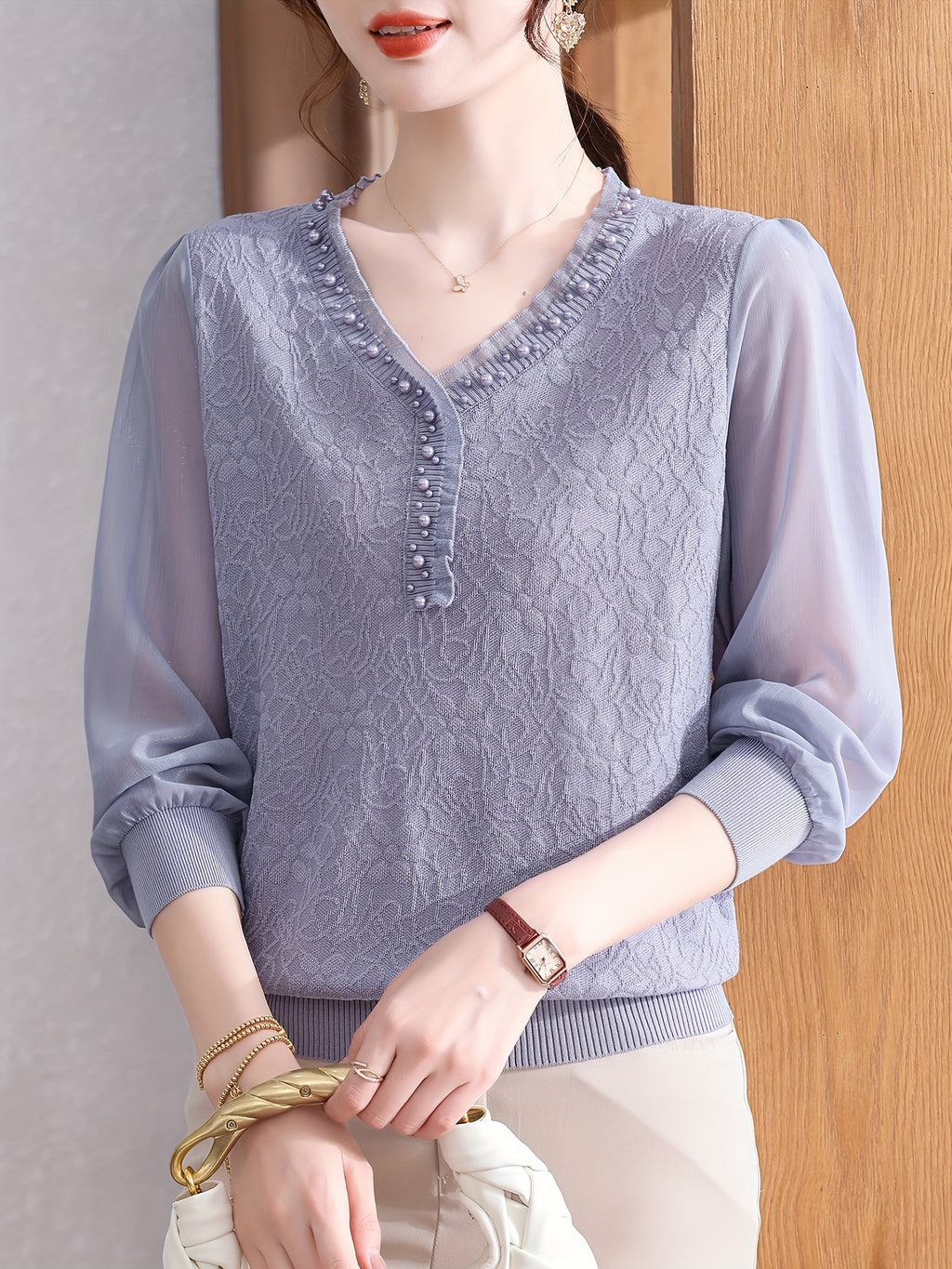 Women's Lightweight V-Neck Blouse with Beaded Detail