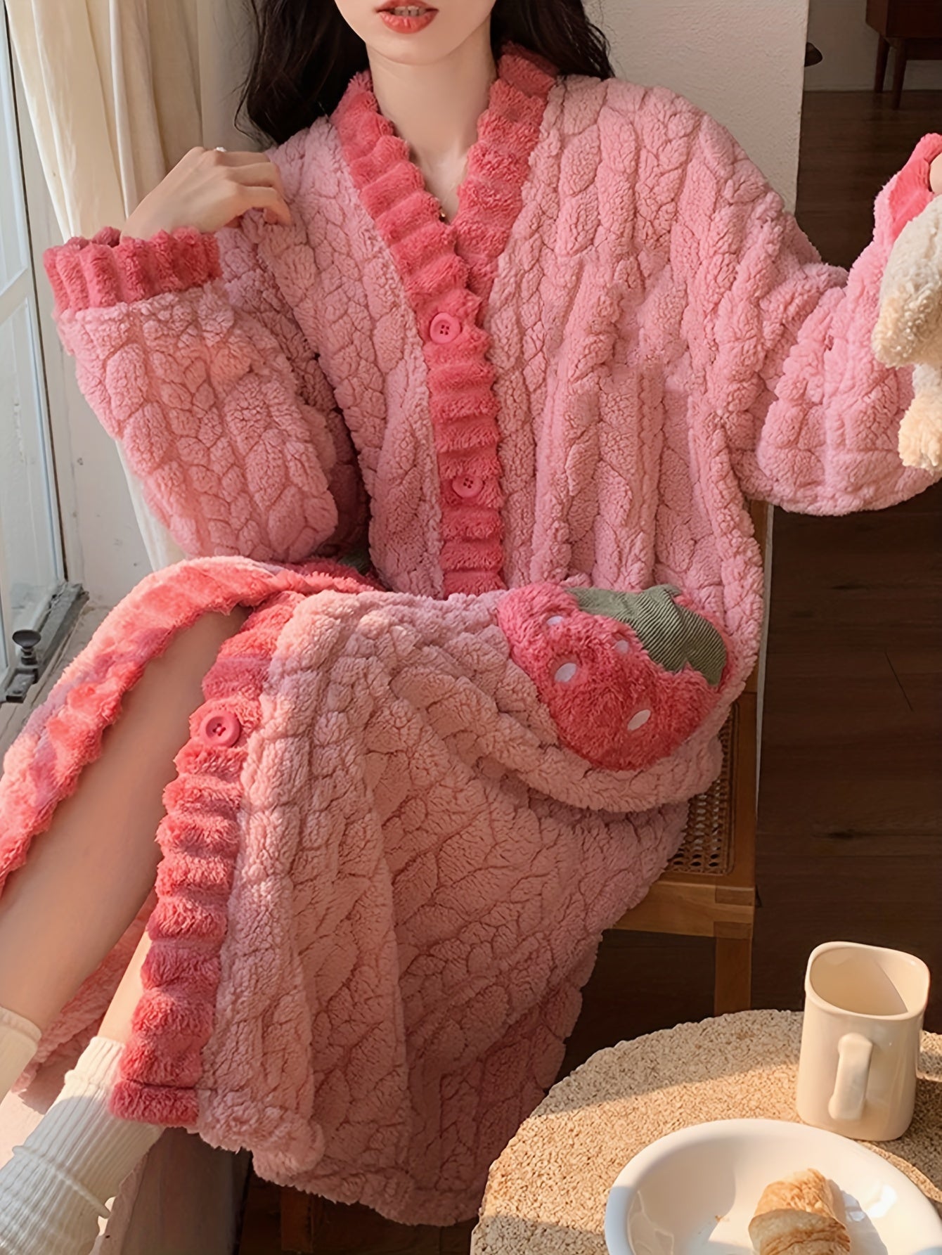 Cozy Coral Fleece V-Neck Long Sleeve Night Dress with Pockets - Plus Size Sleepwear