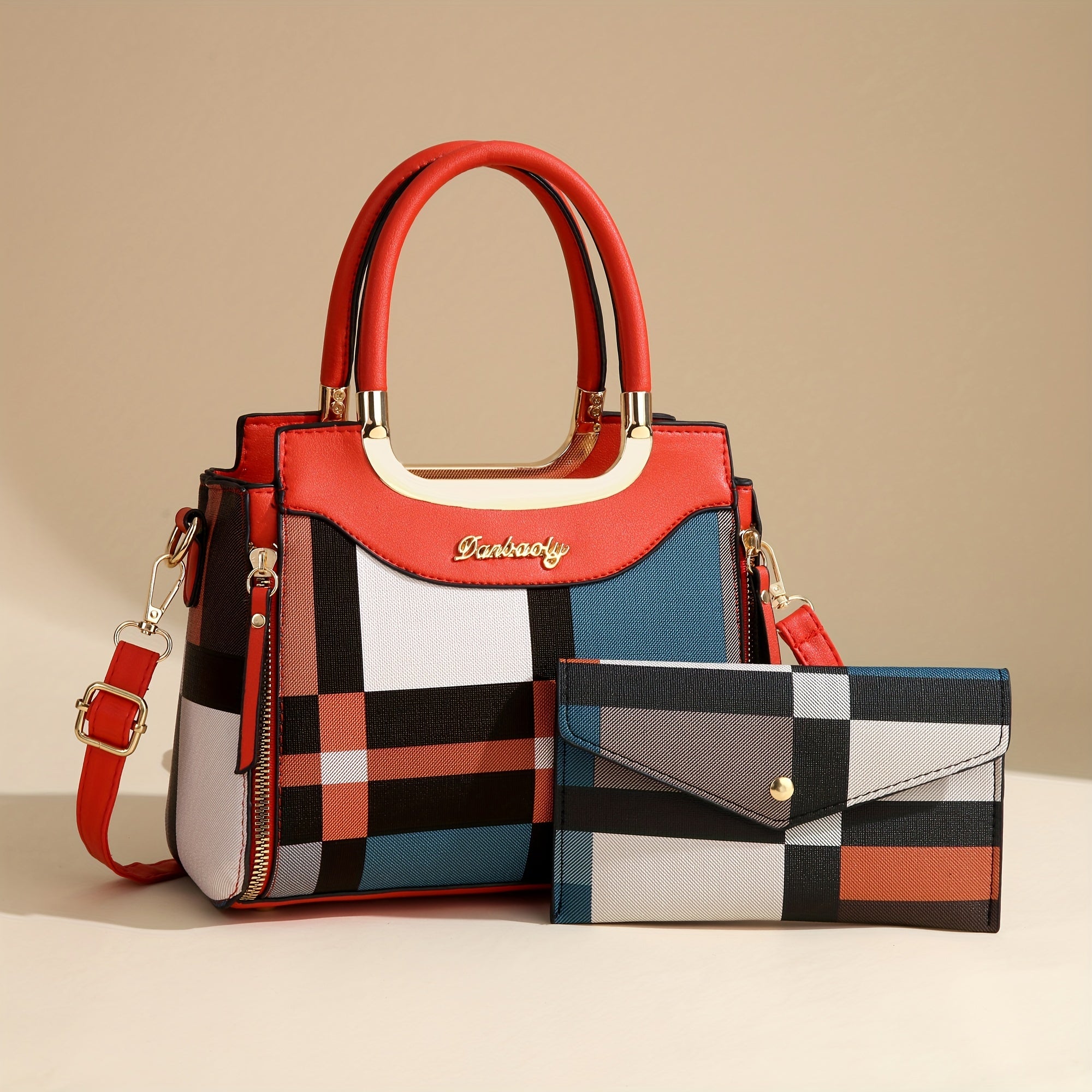 Elegant Plaid Tote and Crossbody Bag Set
