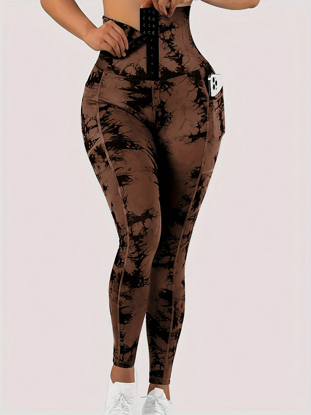 Women' High-Waist Tie-Dye Yoga Leggings with Front Button Closure & Pockets