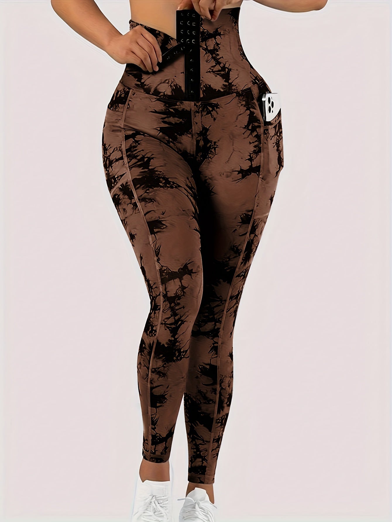 Women' High-Waist Tie-Dye Yoga Leggings with Front Button Closure & Pockets