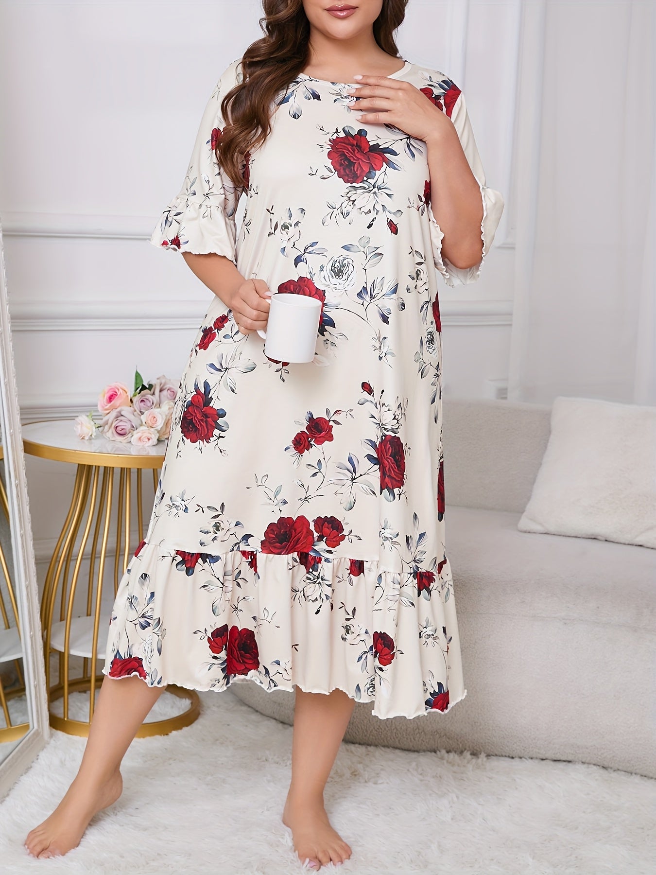 Elegant Floral Print Plus Size Nightgown