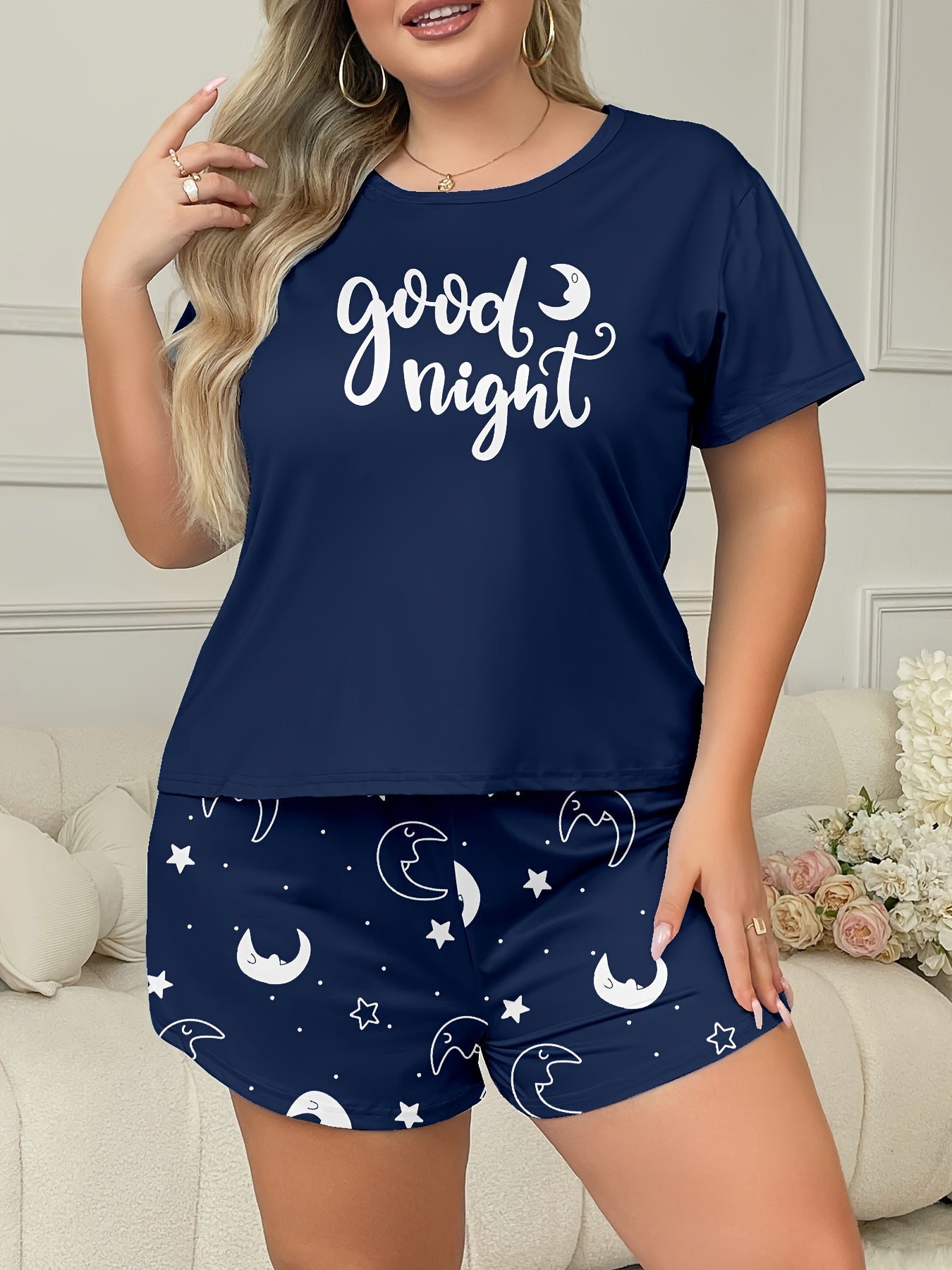 Spring And Summer Letter Moon Print Women'S Loungewear Short-Sleeve Shorts Set Suitable for Outdoor Wear.