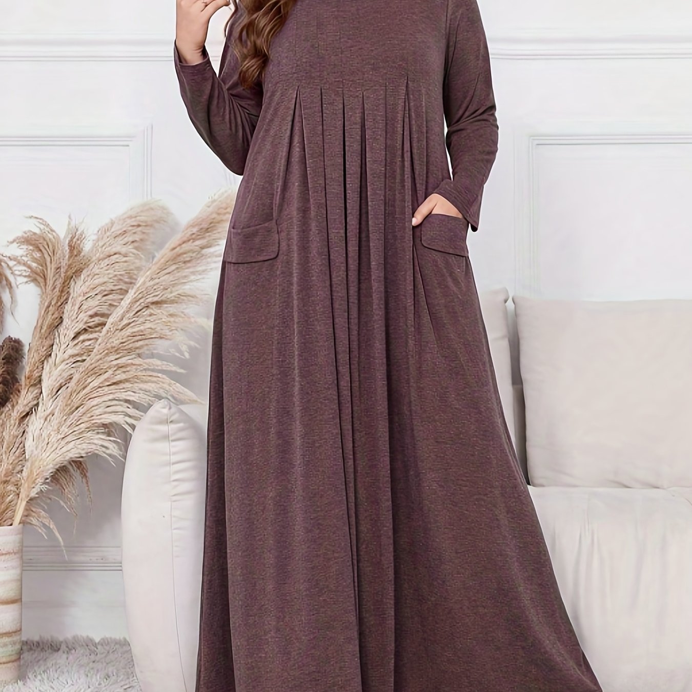 Elegant Plus Size Women's Long Sleeve Maxi Dress - Loose Fit
