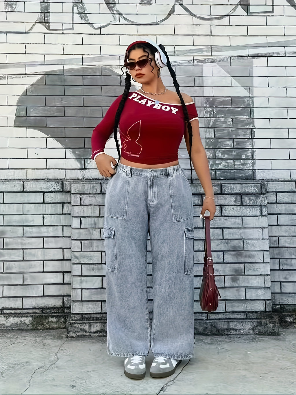 Women's Plus Size Light Blue Cargo Jeans - High-Stretch Denim with Pockets, Casual Style