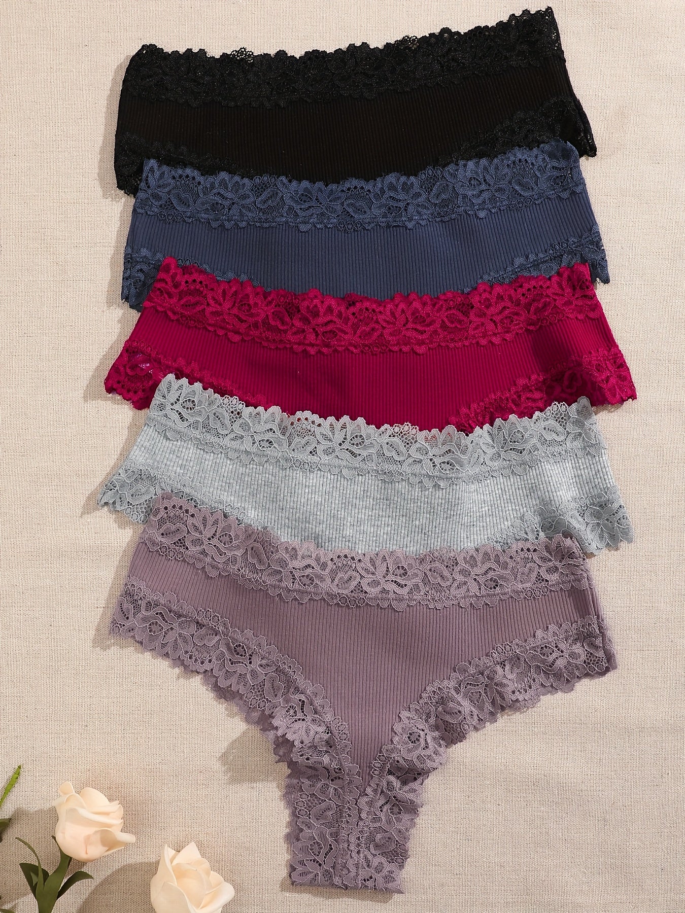 5pcs Solid Lace Trim Briefs, Comfy & Breathable Intimate Panties, Women's Lingerie & Underwear