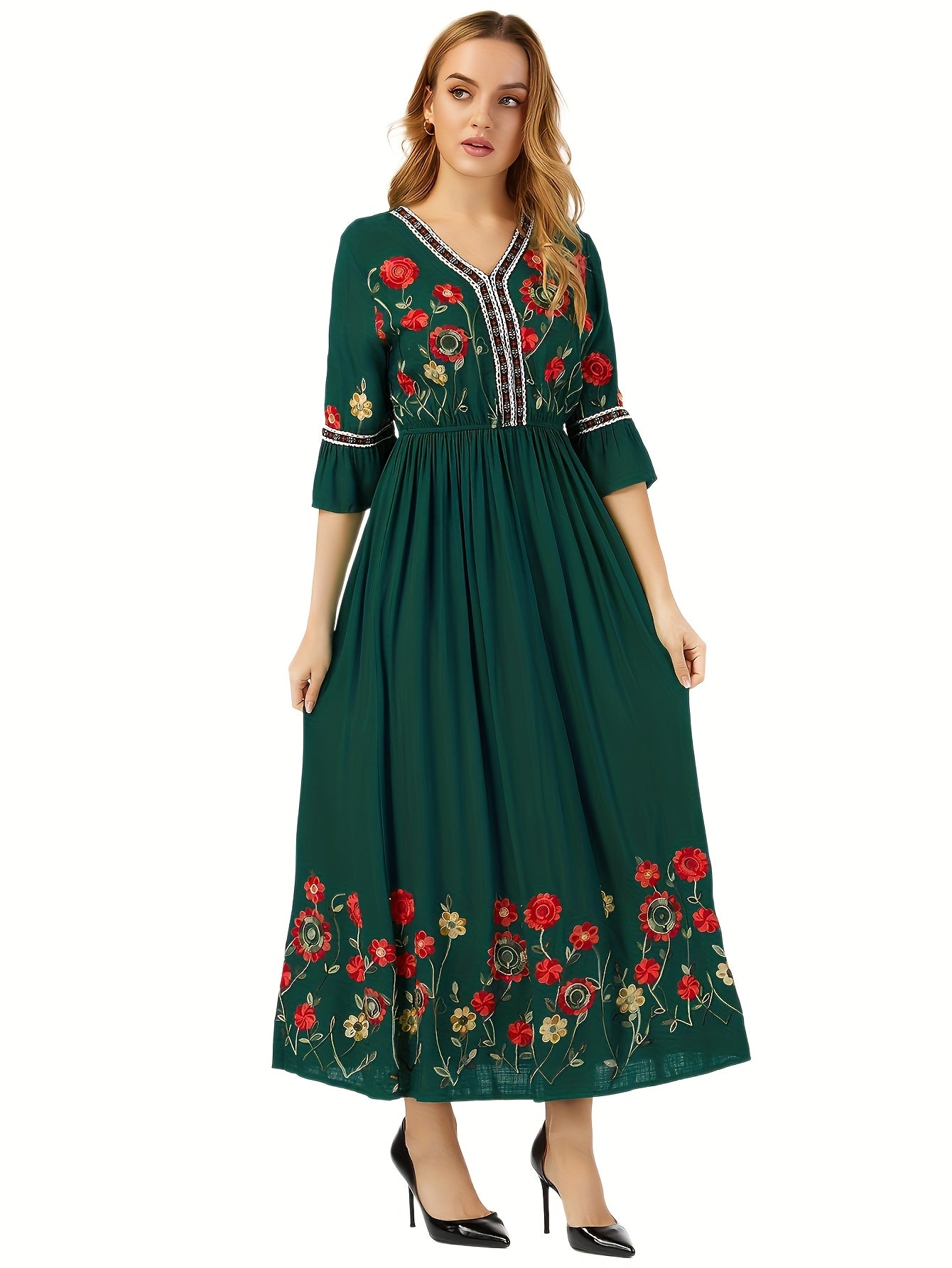 Elegant Green Embroidered Maxi Dress with V-Neck and Ruffle Sleeves